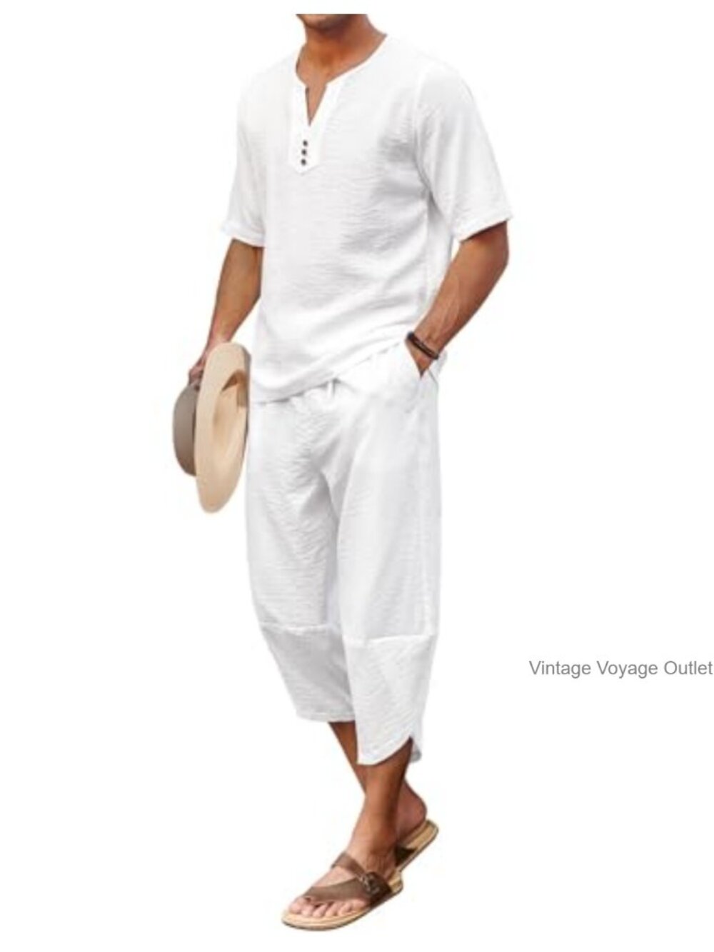 Linen 2 Piece Henley Shirt and Harem Capri Pants Set